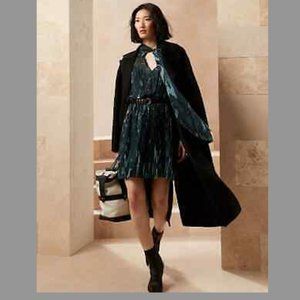Banana Republic Pleated Tie-Neck Mini Dress, XS, Navy Blue Marbled